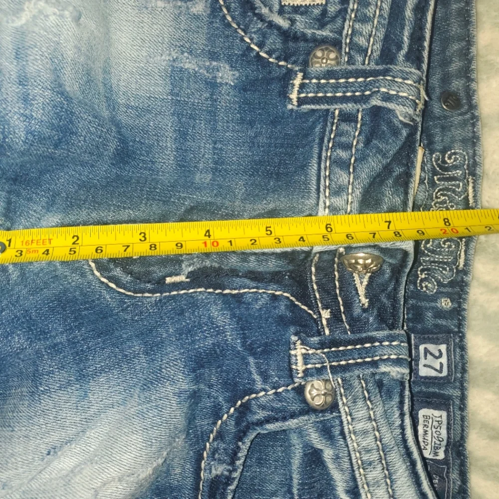 Miss Me Bermuda jean shorts with rhinestones peace sign on back pockets …